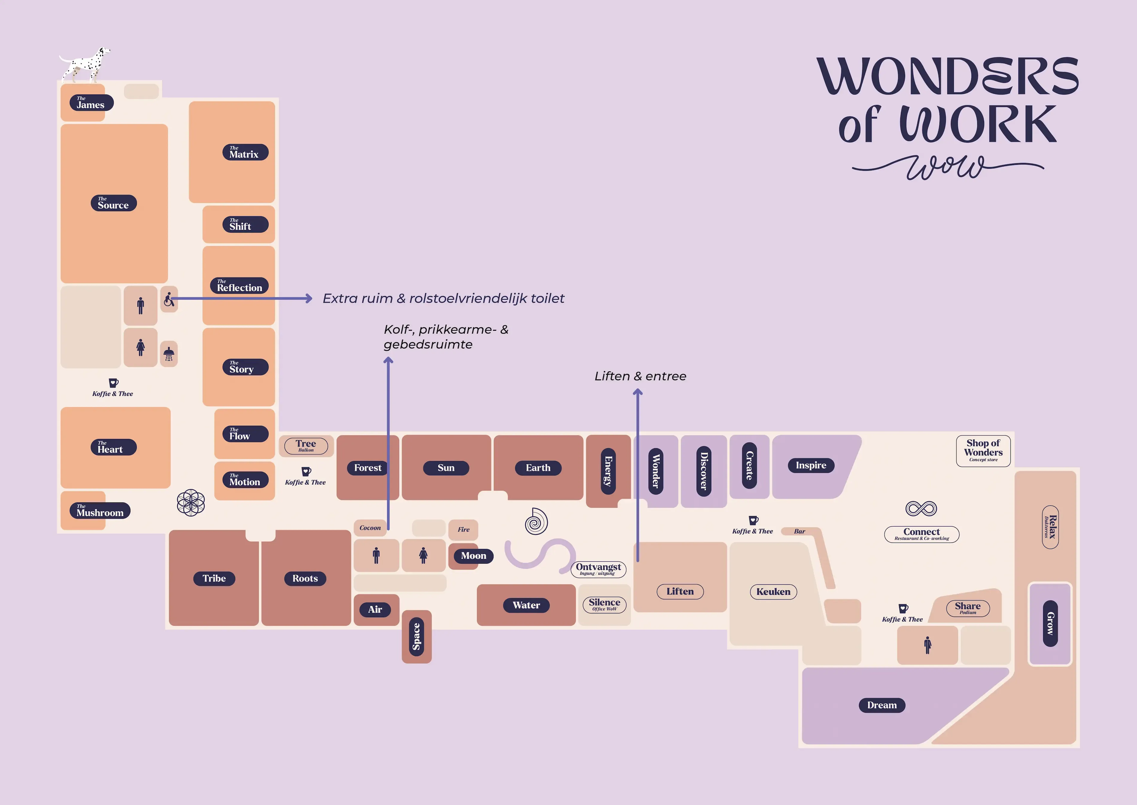Plattegrond van het evenement ‘Wonders of Work’, met duidelijk gekleurde zones en verbindingspaden.